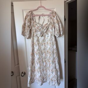 Chelsea28 Cream and Orange Floral Long Sleeve Dress with mid-drift cut out